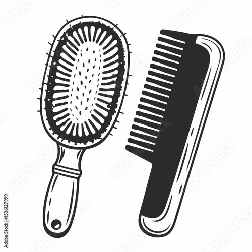 Oval Hairbrush and Comb Black and White Illustration