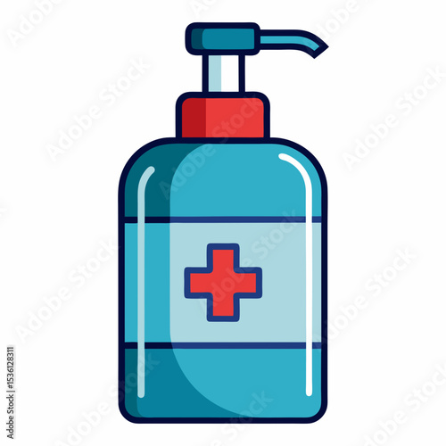 Teal Hand Sanitizer Bottle Red Cross Icon Pump Dispenser