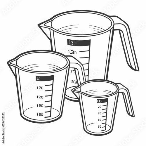 Three Gray Outline Measuring Cups on White Background