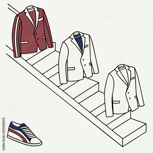 Three Men's Blazers and Sneakers on Stairs burgundy blazer