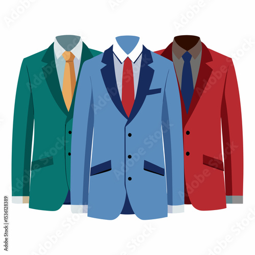 Three Mens Suits Teal Blue Red Jackets Ties Isolated