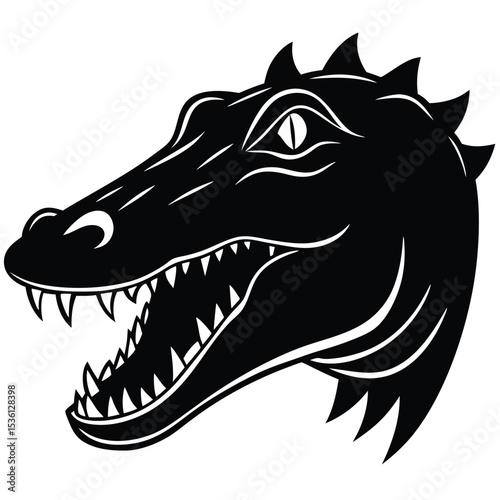 Alligator head with sharp teeth in black and white is presented aggressively