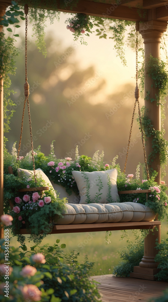 Fototapeta premium Swing sofa with pillows surrounded by flowers and greenery in peaceful garden nature setting aesthetic nature wallpaper background