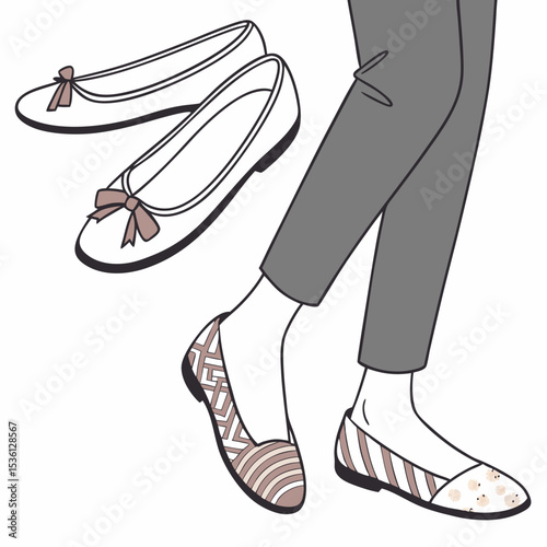 Woman Legs Wearing Stylish Flats and Bow Flats on White Background