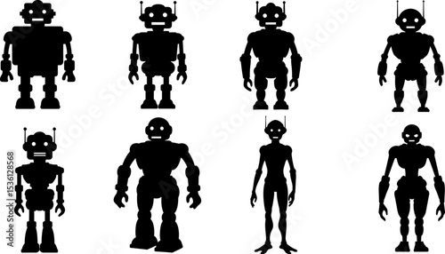 Robot silhouette vector illustration set of different robots ai technology machine learning automation 100 editable stock vector illustration