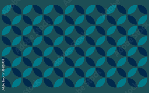 seamless pattern with blue dots. Teal and dark blue petal motifs interlock on a dark teal backdrop, presenting a simple and modern take on an ethnic batik design. Floral background design art 