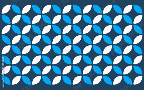 abstract blue background design. Light blue and white interlocking petals create a clean, simple Indonesian batik style pattern against a deep blue background. Floral background design 