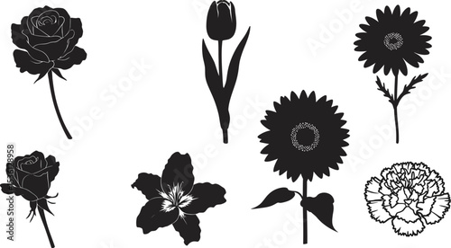 Vector black flower collection rose tulip sunflower lily carnation botanical floral silhouette design art editable stock vector illustration