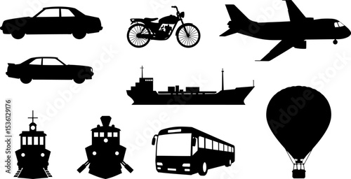 Transportation vehicles silhouette set car motorcycle airplane ship train bus balloon vector graphic icon editable stock vector illustration