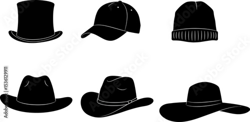 Vector illustration of various hats top hat baseball cap beanie cowboy hat and sun hat collection editable stock vector illustration