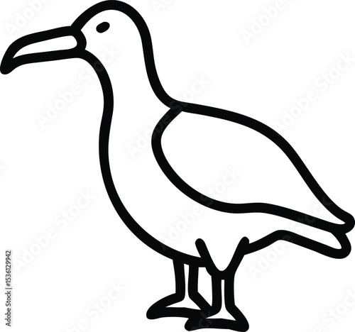Simple line drawing displays standing ibis with long curved beak against white