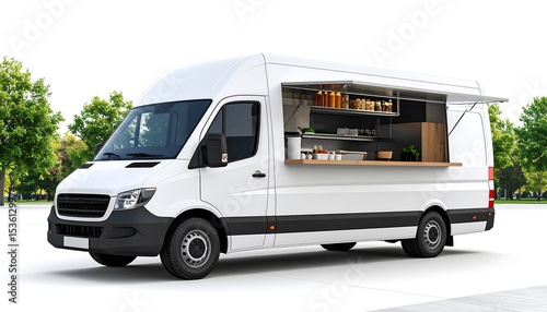 Food Truck Ready for Business White Van with Open Serving Window in Green Park.