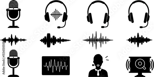 Audio sound wave microphone headset vector illustration podcasting recording broadcasting studio icon set editable stock vector illustration