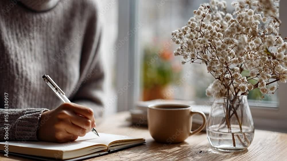 Pen on Paper: An evocative tableau of a person's hand gracefully in motion as they pen their thoughts onto paper, complemented by a comforting cup of coffee, delicate blooms.