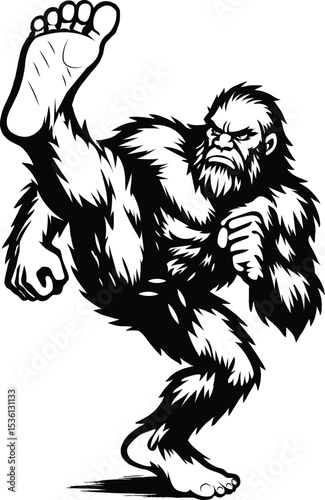 A silhouette illustration of a bigfoot kicking with a fierce expression vector