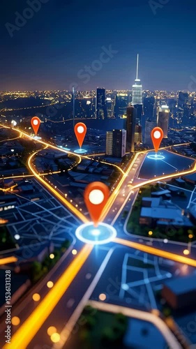 City map with glowing pinpoint markers and light trails indicating routes at night
