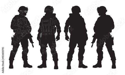 Silhouette vector set of American soldier holding gun. On white background