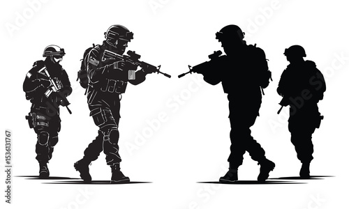 Silhouette vector set of American soldier holding gun. On white background