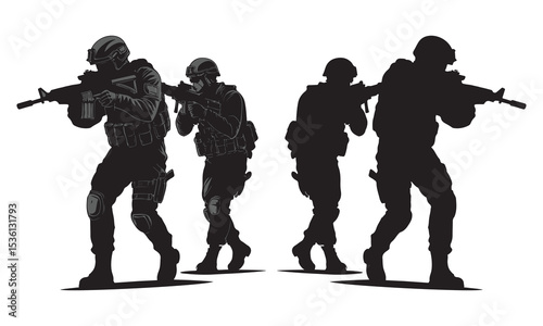 Silhouette vector set of American soldier holding gun. On white background