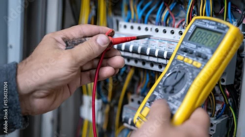 Electrical Work Inspection: An electrician carefully tests voltage in an electrical panel with a multimeter.