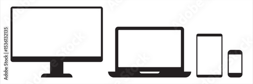 Device icon set in flat style. Smartphone, tablet, laptop and desktop computer symbols. Digital device collection. Vector illustration
