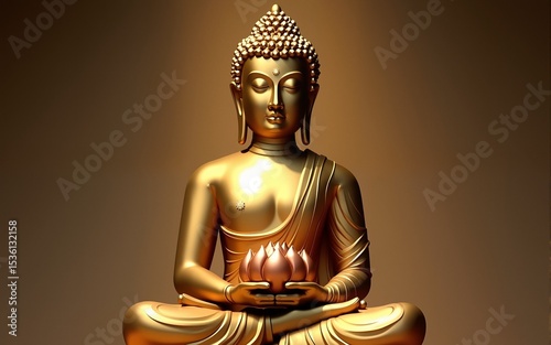 Golden Buddha statue holds lotus flower. Peaceful religious composition with meditating deity, spiritual enlightenment, Asian culture. Buddhism art for zen, meditation practice, temple, yoga themes.