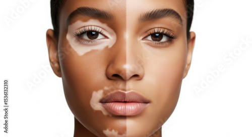Closeup of a woman face with two different skin tones showing vitiligo or pigmentation diversity.