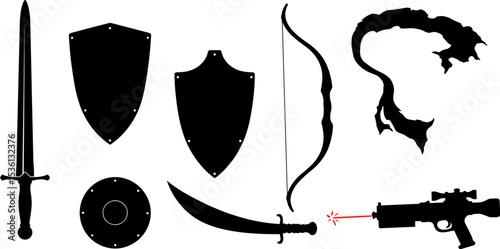 Weaponry silhouette collection sword shield bow laser gun fantasy medieval combat equipment vector art editable stock vector illustration
