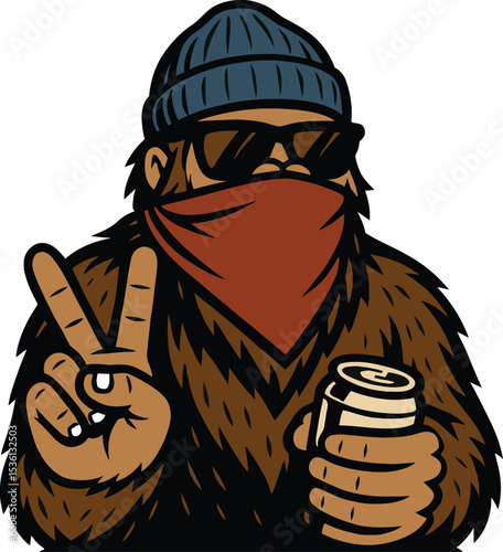 Vector illustration of a bigfoot with a beanie and sunglasses holding a drink and making a peace sign with his hand