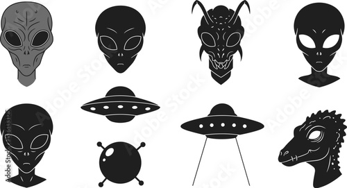 Alien vector illustration set with ufo and extraterrestrial creatures for sci fi designs and concepts editable stock vector illustration