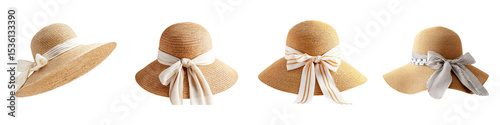 Collection of fashionable straw hats with ribbon bows