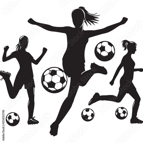 silhouette of people playing soccer, editable vector image