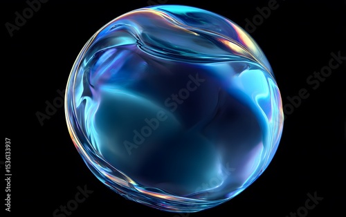 A vibrant, translucent sphere with swirling blue and orange hues against a black background