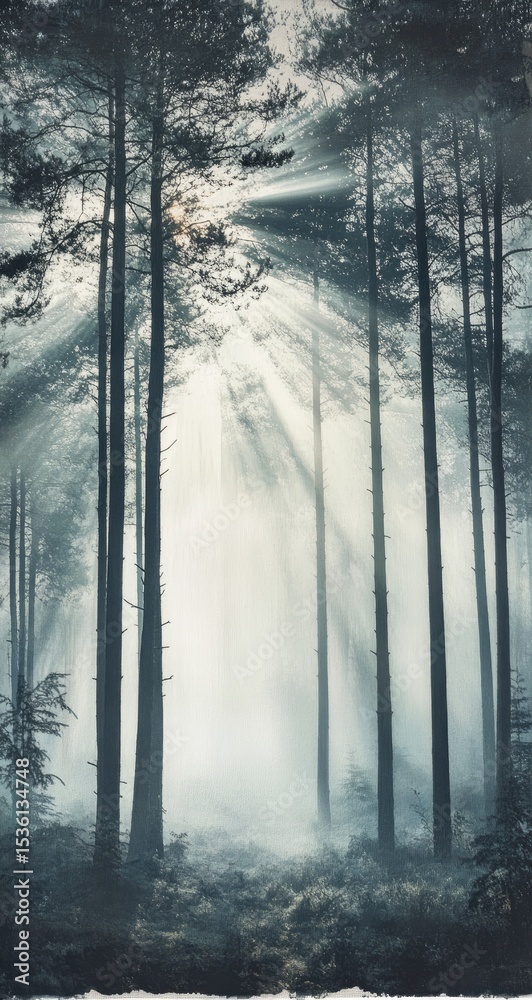 Fototapeta premium Misty forest with sunbeams