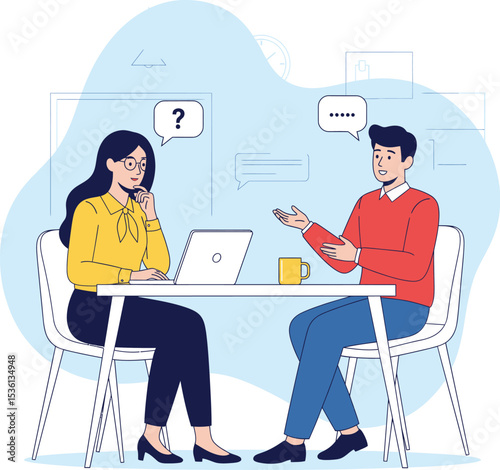 Minimalist Office Meeting Illustration Featuring Two Professionals in Conversation