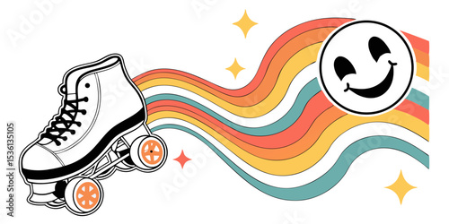 A retro roller skate with rainbow waves and a smiley face in a seventies style illustration