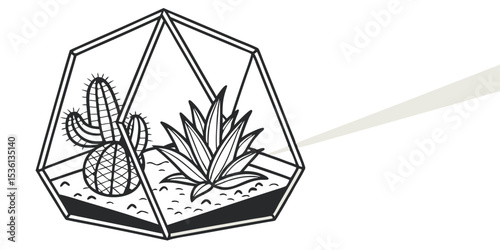 Illustration of a terrarium with a cactus and succulent inside a geometric glass container design element