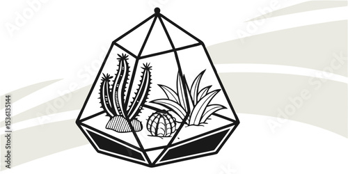 Geometric terrarium with various cacti and succulent plants inside, outlined in black against white backdrop