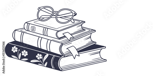 Illustration of a stack of three books with bookmarks and a pair of glasses on the top book drawn in black