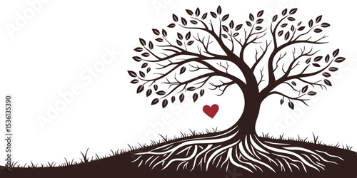 Illustration of a tree with leaves and visible roots and a red heart hanging from a branch on white background