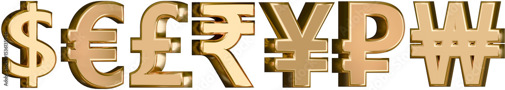 Fototapeta premium Golden 3D currency symbols of US Dollar, Euro, British Pound, Indian Rupee, Japanese Yen or Chinese Yuan, and South Korean Won. Currency exchange rate concept.