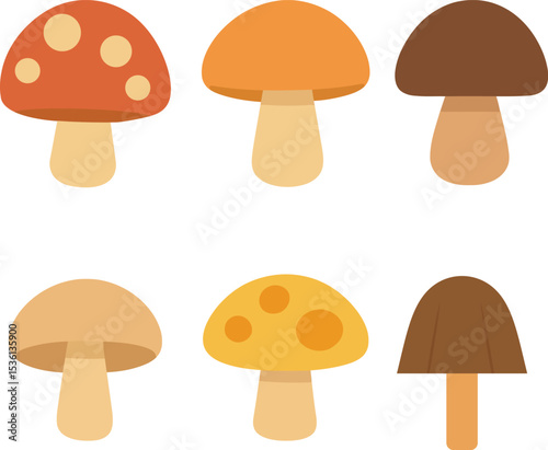 A collection of six cartoon mushrooms in various colors and styles Vector illustration