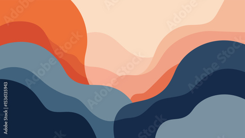 Abstract landscape illustration with vibrant orange sun and layered colorful curved shapes
