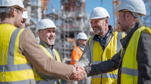 project team shaking hands on site while wearing safety vests