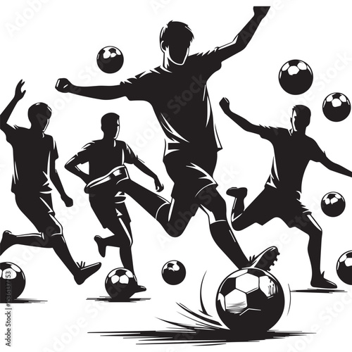 silhouette of people playing soccer, editable vector image