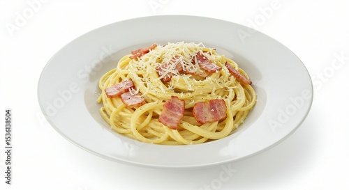 Pasta Dish with Crisp Bacon and Cheese on White Plate