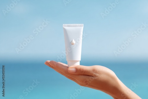 person applying sunscreen with sun in background promoting uv safety awareness month features clear blue sky and minimalistic