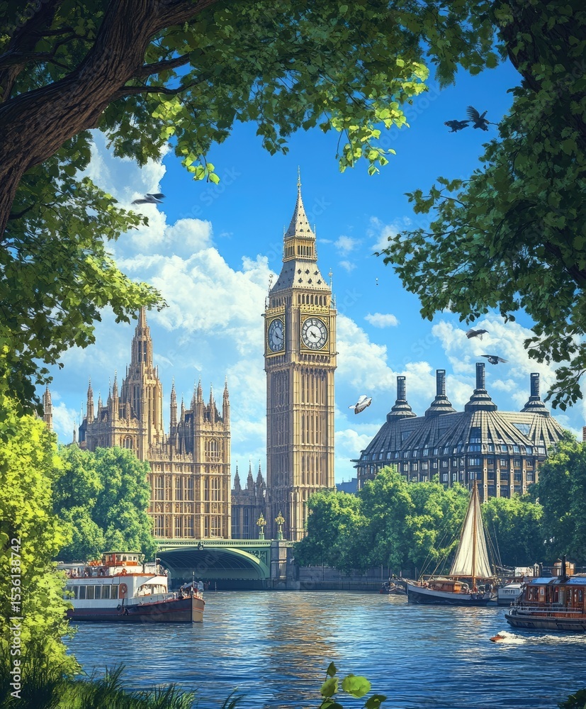 London Houses of Parliament, Big Ben, River London Houses of Parliament, Big Ben, River