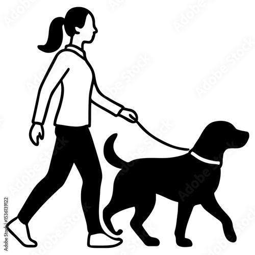 Silhouette vector illustration of a woman walking a dog on a leash