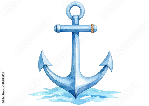 A hand painted watercolor illustration of a blue anchor featuring a rope detail, symbolizing stability, hope, and maritime adventure. Perfect for nautical themes.